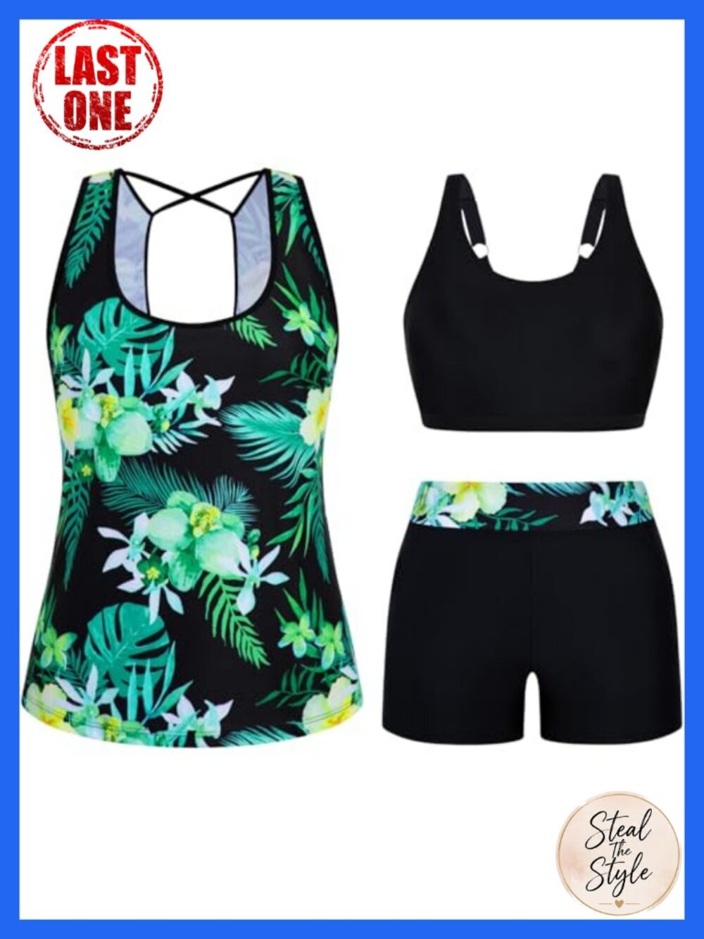 3 Piece Tankini Set Plus Size Swimwear with Boyshorts & Side Pockets Modest